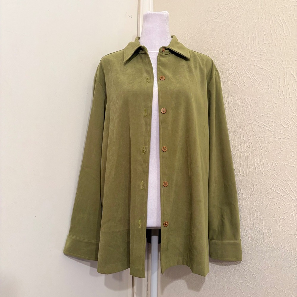 Vintage 90s Olive Green Faux Suede Button Down Long Sleeve Jacket M Witchy Indie